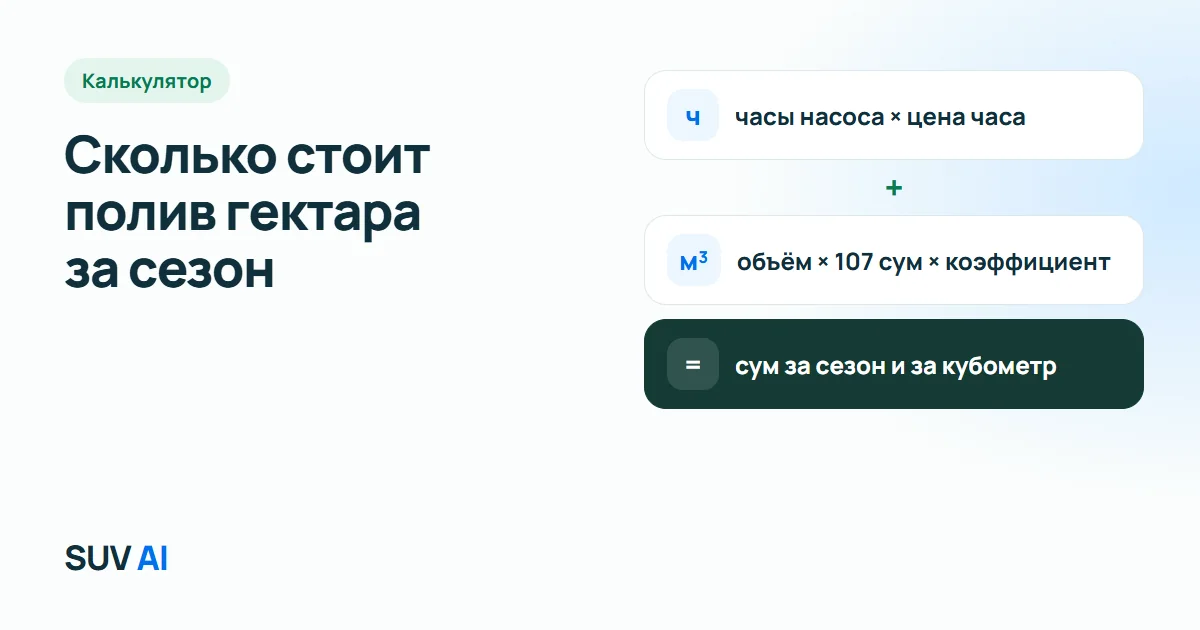 Формула калькулятора: часы насоса × цена часа плюс объём воды × 107 сум × коэффициент.